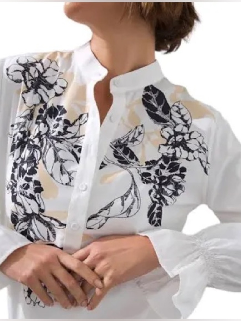 Chico's White Floral-Print Long Sleeve Tunic size 3/ 16